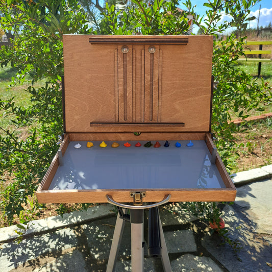 Pochade box for PLEIN AIR painting, outdoor & portable artist easel, lightweight box for oil paints, M size grey Palette