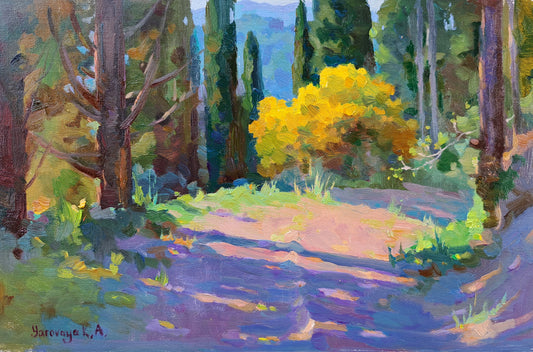 Acacia and cypress trees. Corfu island