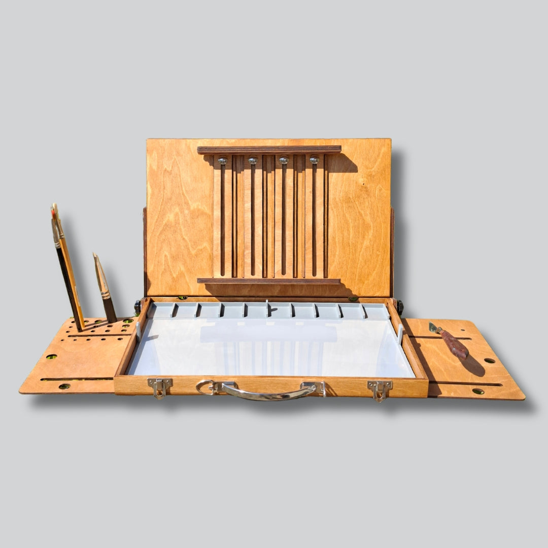 L-Size Pochade Box with Magnetic Side Wings & Removable Freezable Palette – Lightweight Plein Air Painting Easel with Grey Mixing Palette